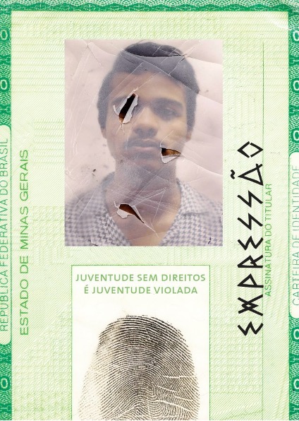 Imagem de documento de identidade com a face violada, criada por integrantes do Fórum para indicar que as violências têm efeitos devastadores nas identidades juvenis e destroem vidas jovens